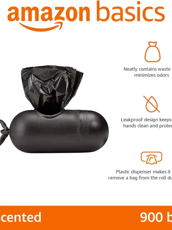 Amazon Basics Bolsas a prueba de fugas para excrementos de perro con dispensador y clip para correa, sin perfume, 300 unidades, 20 paquetes de 15, color negro, 13 x 9 pulgadas