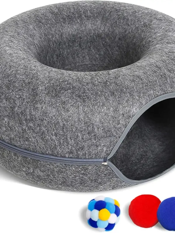 Cama túnel grande para gatos de interior con 3 juguetes, resistente a los arañazos, hasta 30 libras (largo 24 x 24 x 11 pulgadas, gris oscuro)